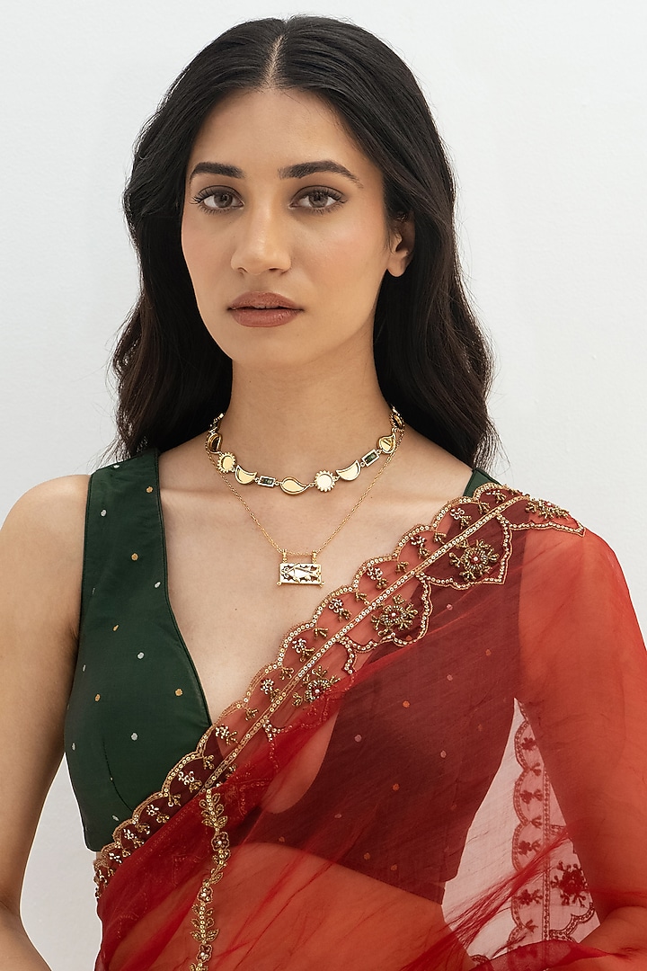 Gold Plated Faux Pearl & Mirror Work Layered Pendant Necklace by AMAMA at Pernia's Pop Up Shop