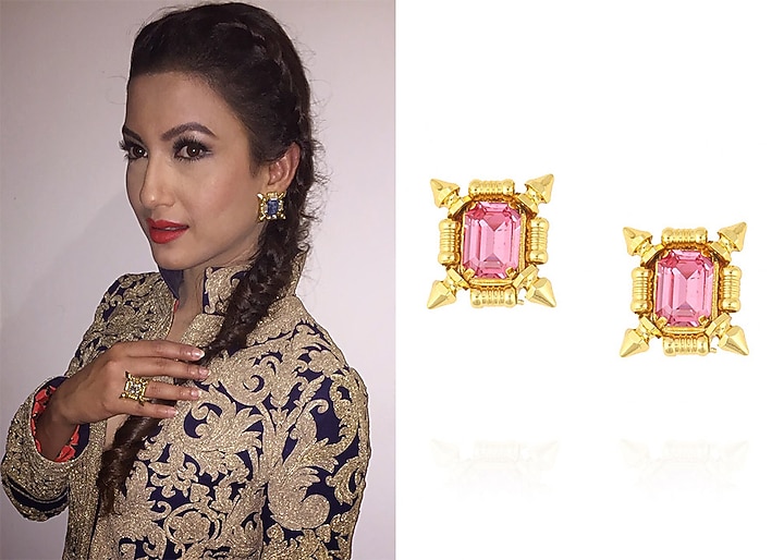 Gold plated pink swarovski crystal stud earrings available only at Pernia's Pop Up Shop.