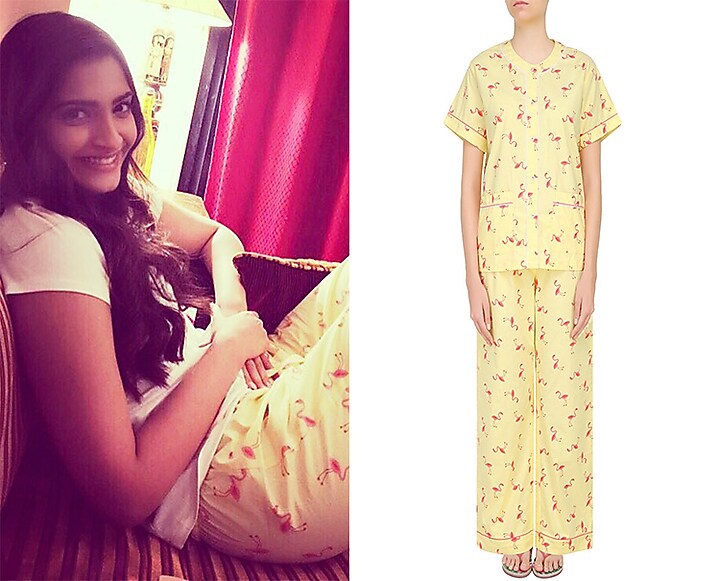 Yellow and coral flamingo printed nightsuit set available only at Pernia's Pop Up Shop.