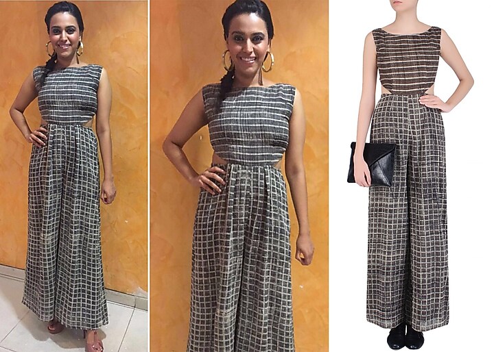Grey and white mixed print flared bottom jumpsuit available only at Pernia's Pop Up Shop.
