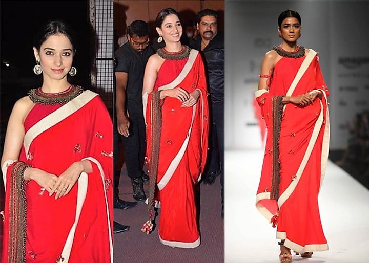 Kasum Red Embroidered Saree with Kali Blouse Top by Nikasha