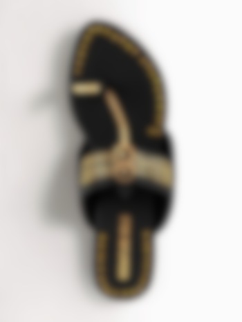 Black Anti-Slippery Rubber Hand Embroidered Kolhapuri Flats by Signature Sole at Pernia's Pop Up Shop