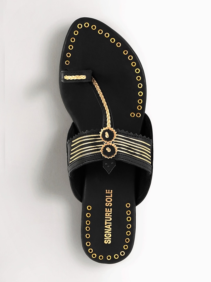 Black Anti-Slippery Rubber Hand Embroidered Kolhapuri Flats by Signature Sole at Pernia's Pop Up Shop