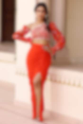 Orange Georgette Crepe Gathered Draped Skirt Set by MANISHA SONI at Pernia's Pop Up Shop
