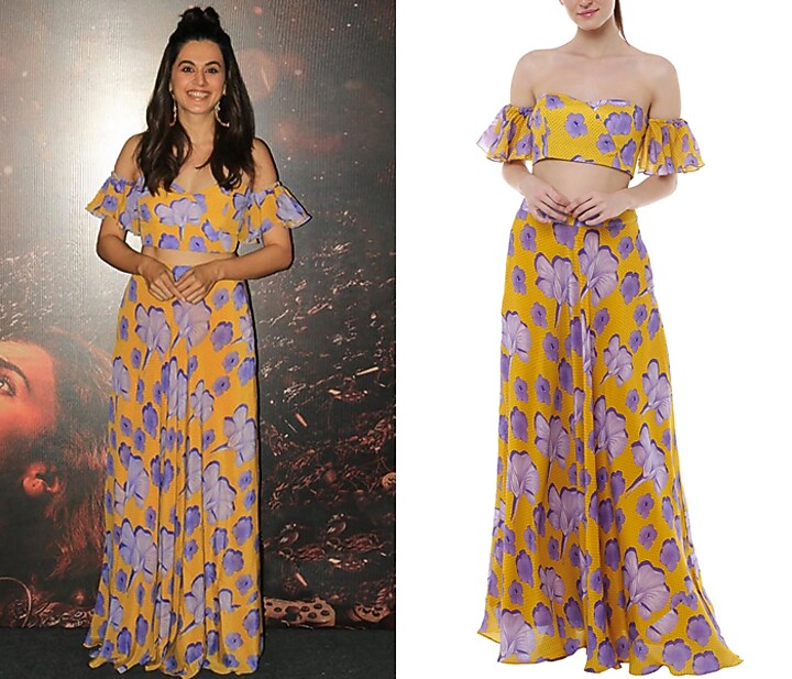 Yellow Bumblebee Crayon Flower Printed Lehenga Skirt With Off Shoulder Blouse by Masaba at Pernia's Pop Up Shop
