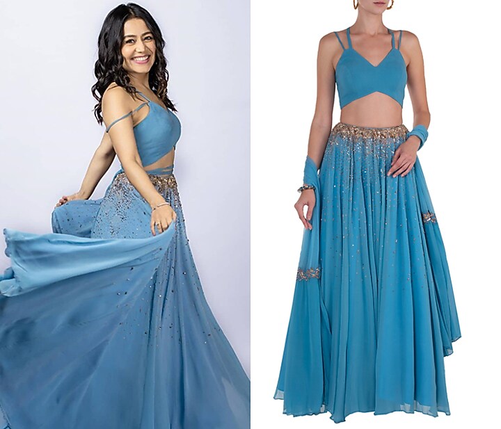 Blue and gold embellished lehenga set available only at Pernia's Pop Up Shop.