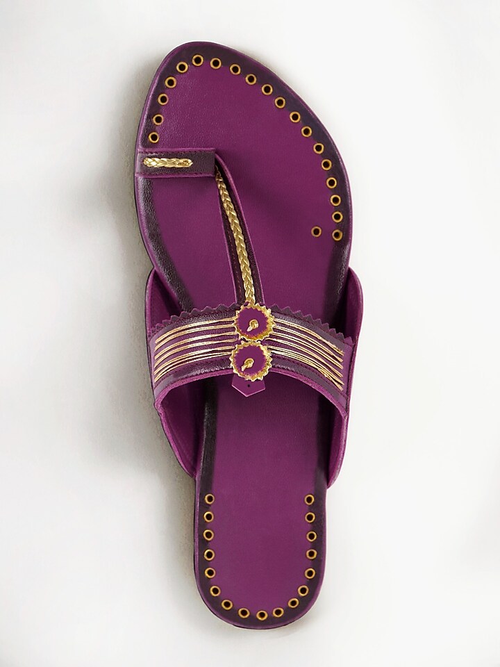 Purple Anti-Slippery Rubber Hand Embroidered Kolhapuri Flats by Signature Sole at Pernia's Pop Up Shop