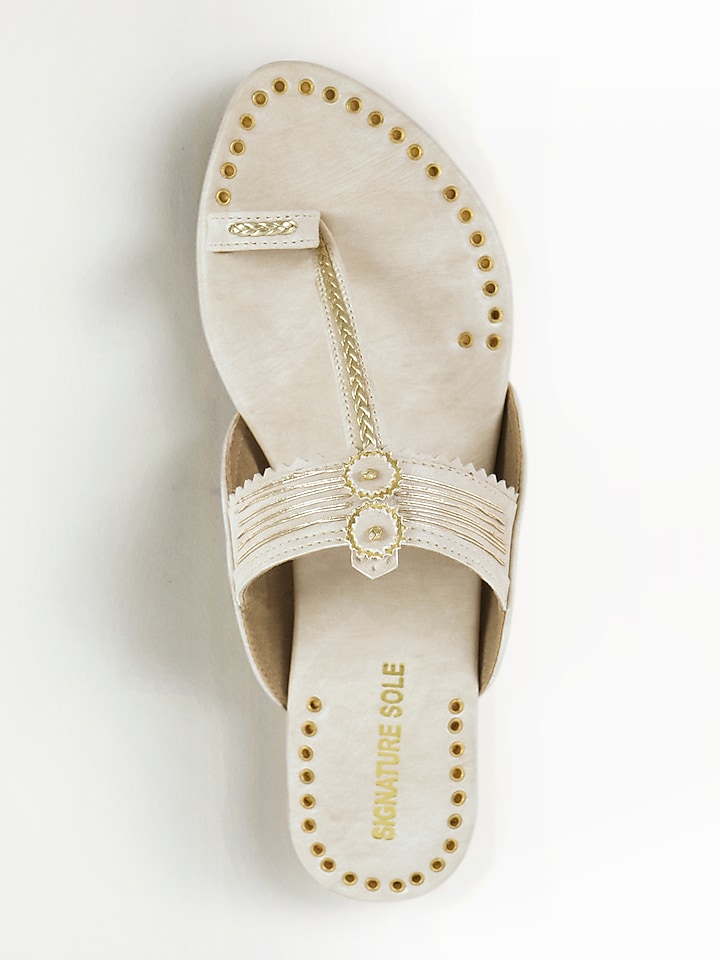 White Anti-Slippery Rubber Hand Embroidered Kolhapuri Flats by Signature Sole at Pernia's Pop Up Shop