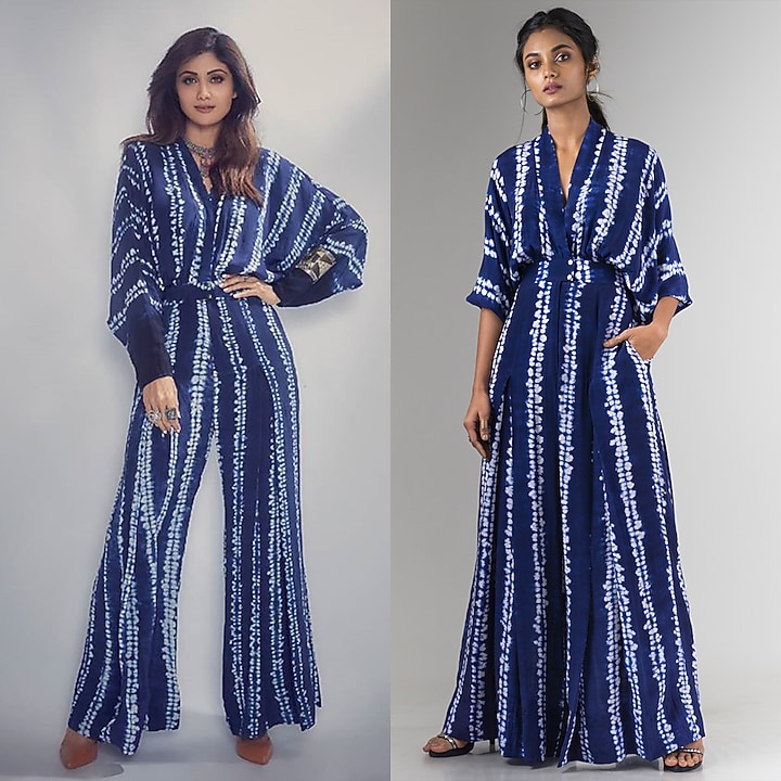 Navy Blue Shibori Kimono Jumpsuit by Nupur Kanoi at Pernia's Pop Up Shop