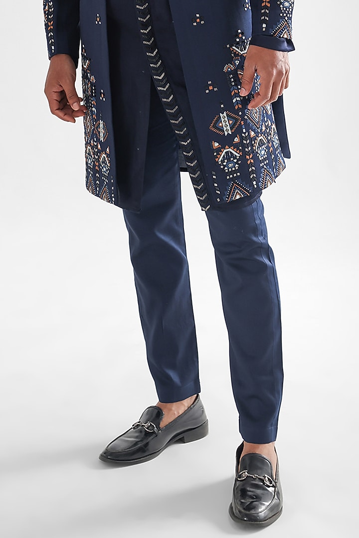 Navy Blue Heavy Modal Satin Embroidered Wedding Indowestern Set by PAARSH at Pernia's Pop Up Shop