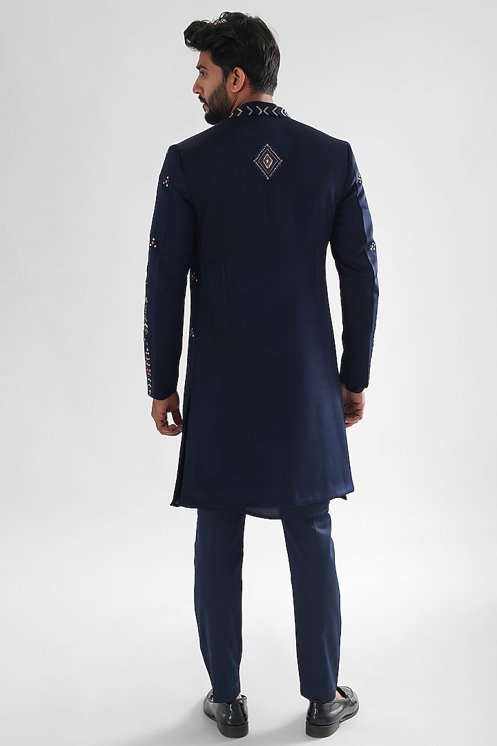 Navy Blue Heavy Modal Satin Embroidered Wedding Indowestern Set by PAARSH at Pernia's Pop Up Shop