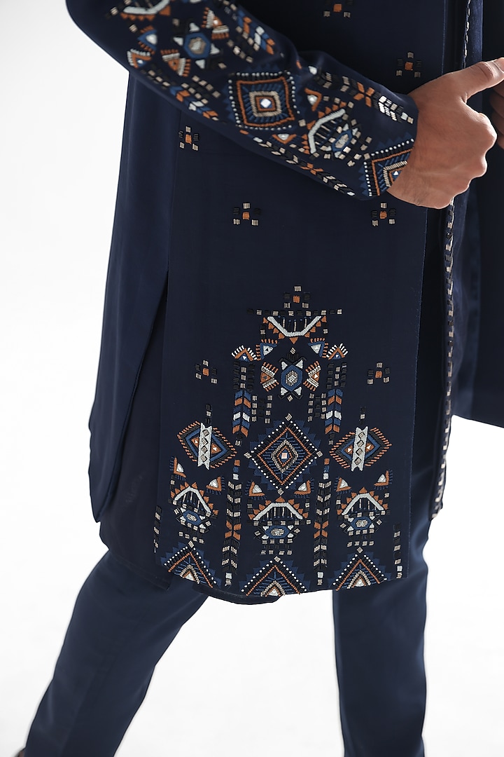 Navy Blue Heavy Modal Satin Embroidered Wedding Indowestern Set by PAARSH at Pernia's Pop Up Shop
