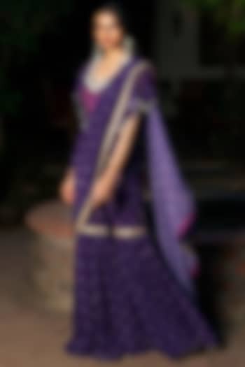 Purple Viscose Georgette Bandhej Printed Sharara Wedding Saree Set by Studio Bagechaa at Pernia's Pop Up Shop