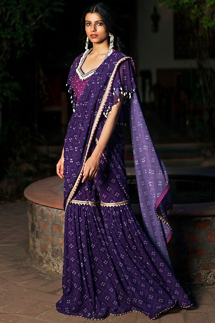 Purple Viscose Georgette Bandhej Printed Sharara Wedding Saree Set by Studio Bagechaa at Pernia's Pop Up Shop