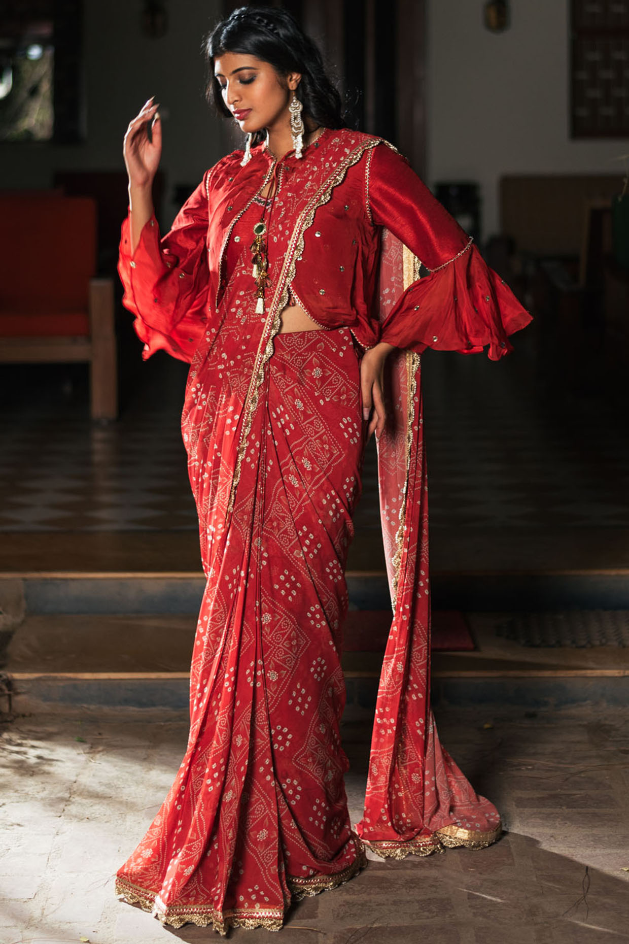 Rusty Orange Viscose Georgette Printed Draped Party Wear Saree Set by Studio Bagechaa at Pernia's Pop Up Shop