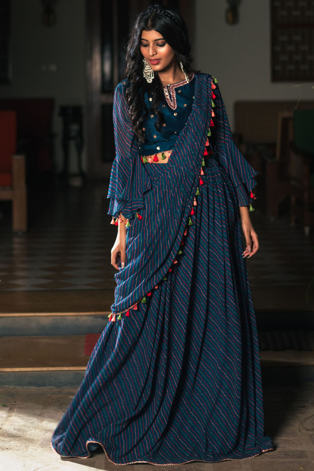 Navy Blue Viscose Georgette Digital Printed Draped Wedding Saree Set by Studio Bagechaa at Pernia's Pop Up Shop