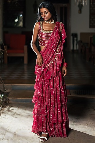 Rusty Red Viscose Georgette Bandhej Printed Draped Saree Set by Studio Bagechaa
