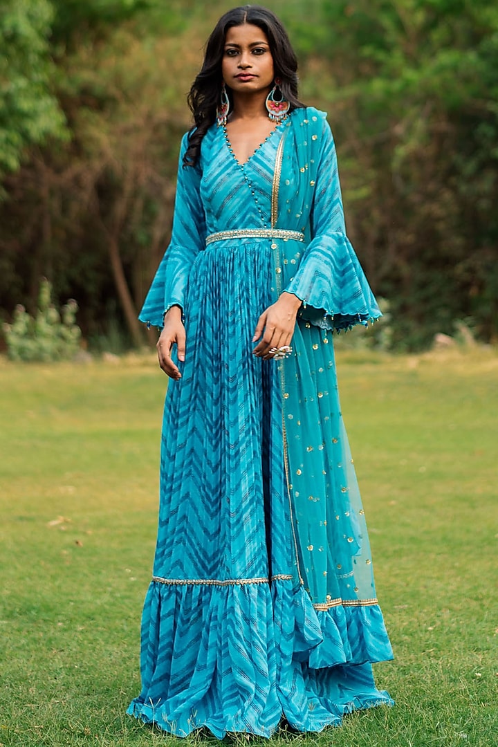 Turquoise Blue Embroidered Anarkali Set by Studio Bagechaa at Pernia's Pop Up Shop