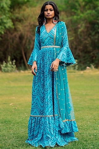 Turquoise Blue Embroidered Anarkali Set by Studio Bagechaa