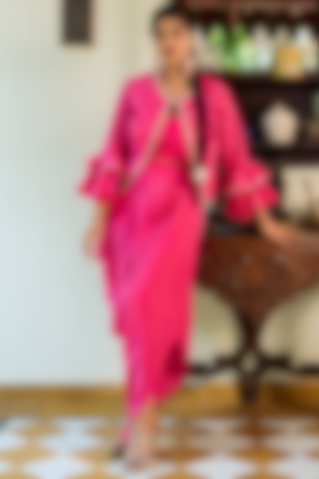 Neon Pink Crepe Cowl Skirt Set by Studio Bagechaa at Pernia's Pop Up Shop