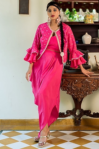 Neon Pink Crepe Cowl Skirt Set by Studio Bagechaa