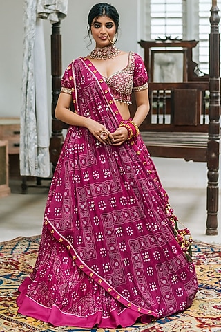 Magenta Silk Printed Lehenga Set by Studio Bagechaa