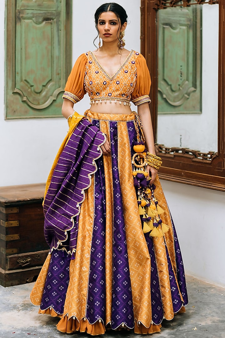 Mustard & Purple Embroidered Wedding Lehenga Set by Studio Bagechaa at Pernia's Pop Up Shop