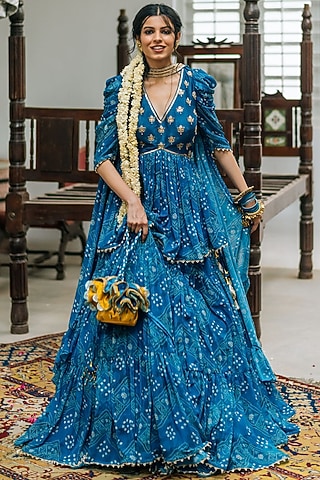 Teal Blue Printed Lehenga Set by Studio Bagechaa