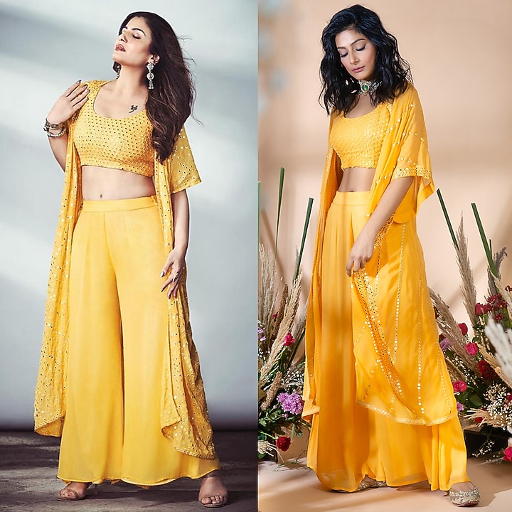 Mango Yellow Embroidered Palazzo Pant Set by Bhumika Grover at Pernia's Pop Up Shop