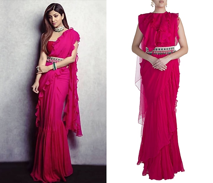 Red Ruffled Saree Set With Jewel Stone Belt by Ridhi Mehra