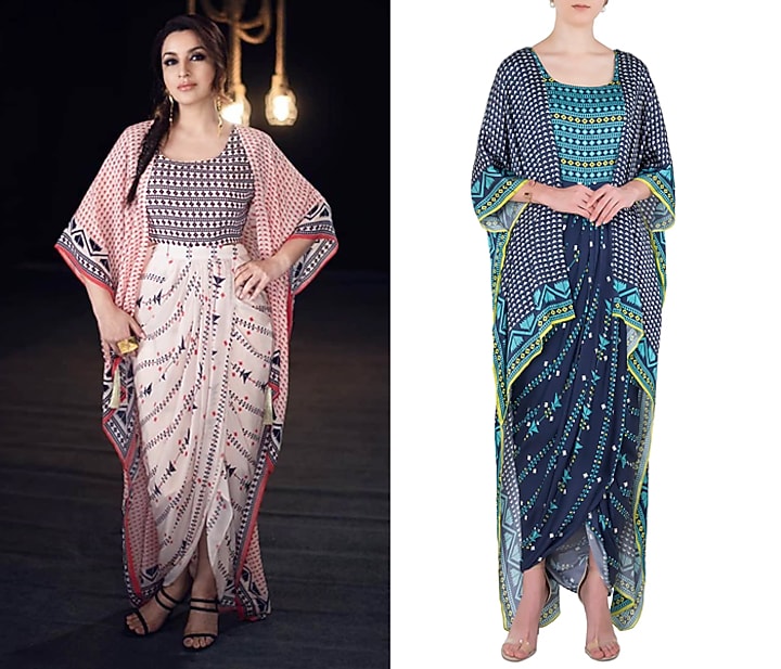 Blue printed drape maxi dress with asymmetrical cape available only at Pernia's Pop Up Shop.