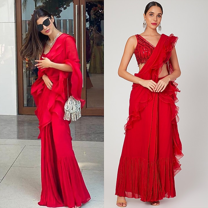 Red Embellished Pre-Stitched Wedding Saree Set by Sanya Gulati at Pernia's Pop Up Shop