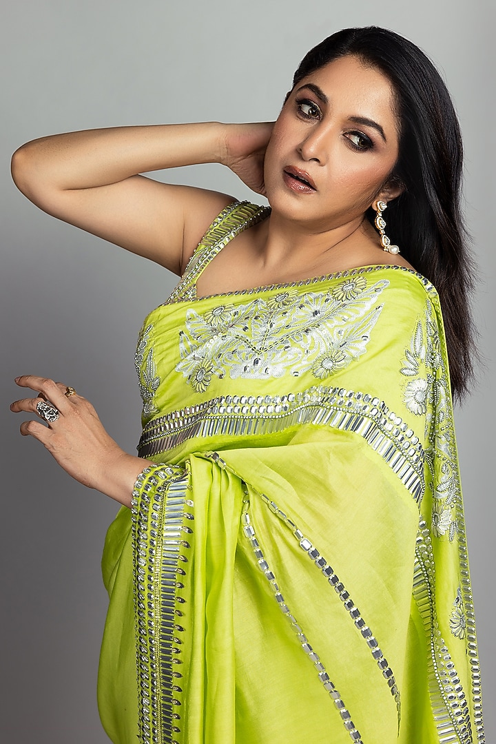 Green Hand Embroidered Wedding Saree Set by Saksham and Neharicka at Pernia's Pop Up Shop