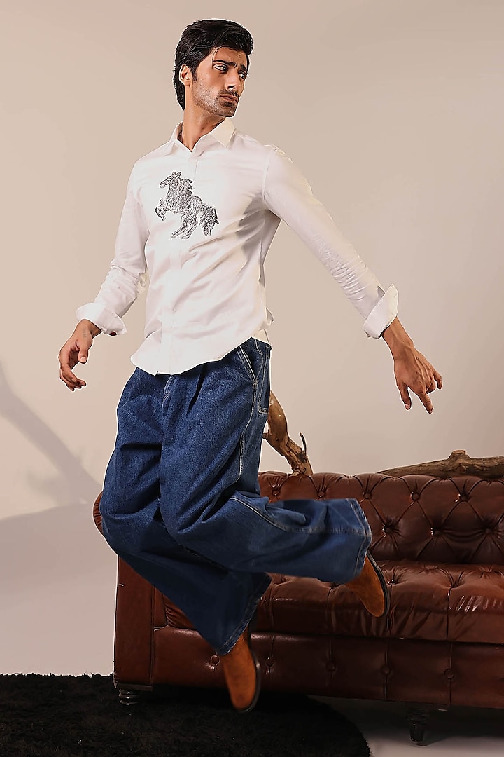 White Cotton Embroidered Party Wear Shirt by Abkasa at Pernia's Pop Up Shop