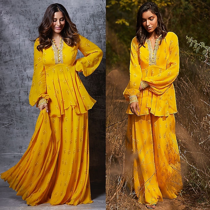 Yellow Hand Embroidered & Printed Party Wear Sharara Set by Sana Barreja at Pernia's Pop Up Shop