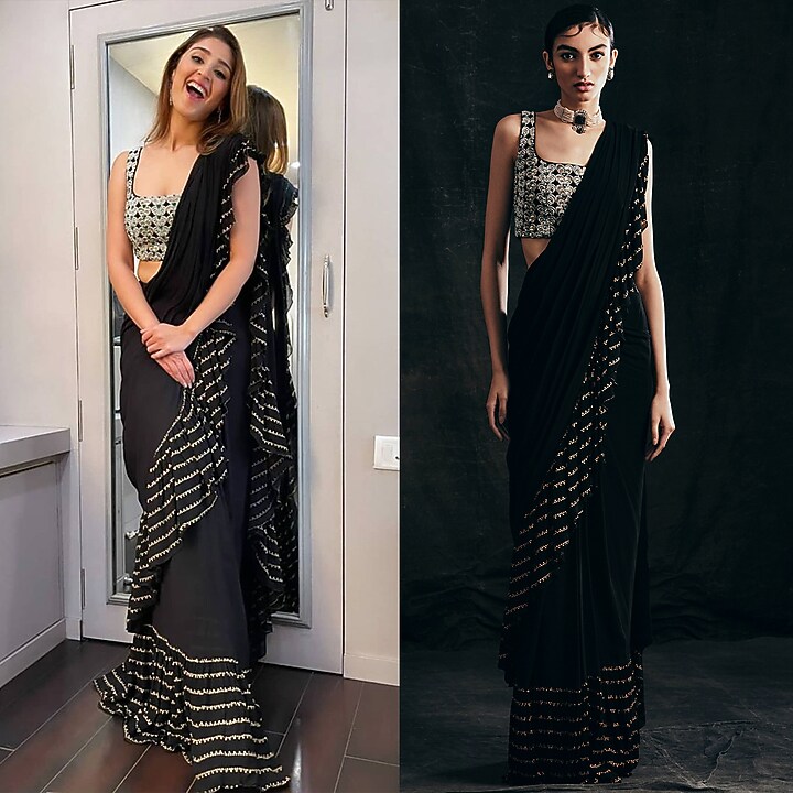 Black Embroidered Pre-Stitched Wedding Saree Set by Bhumika Sharma at Pernia's Pop Up Shop