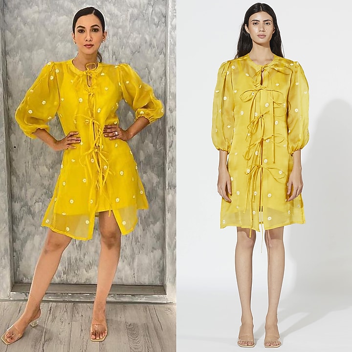 Yellow Embroidered Tie-Up Dress by Meadow at Pernia's Pop Up Shop