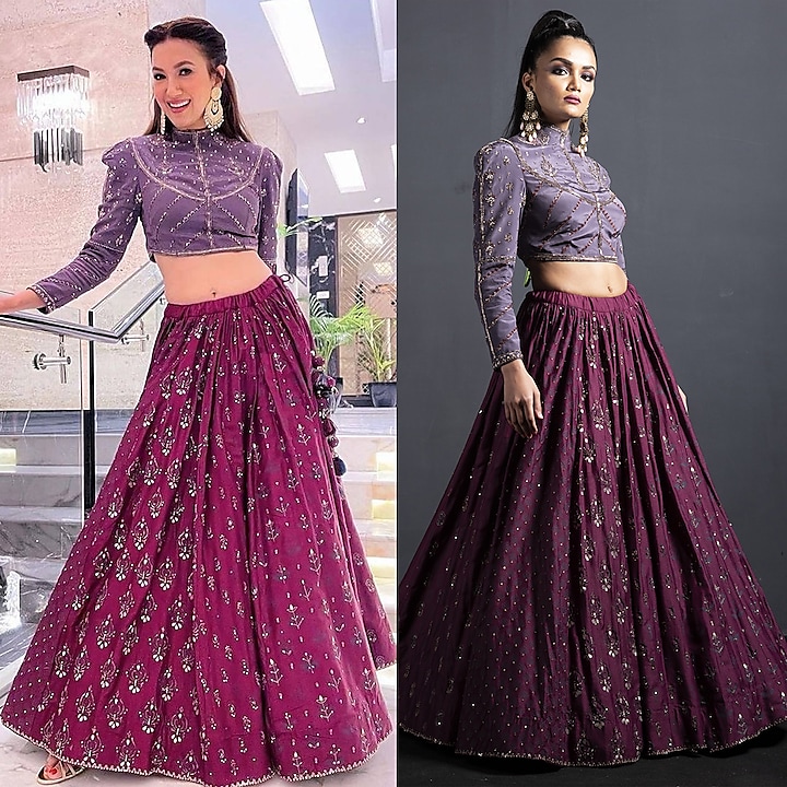 Wine Embroidered Printed Wedding Lehenga Set by Neha & Tarun at Pernia's Pop Up Shop