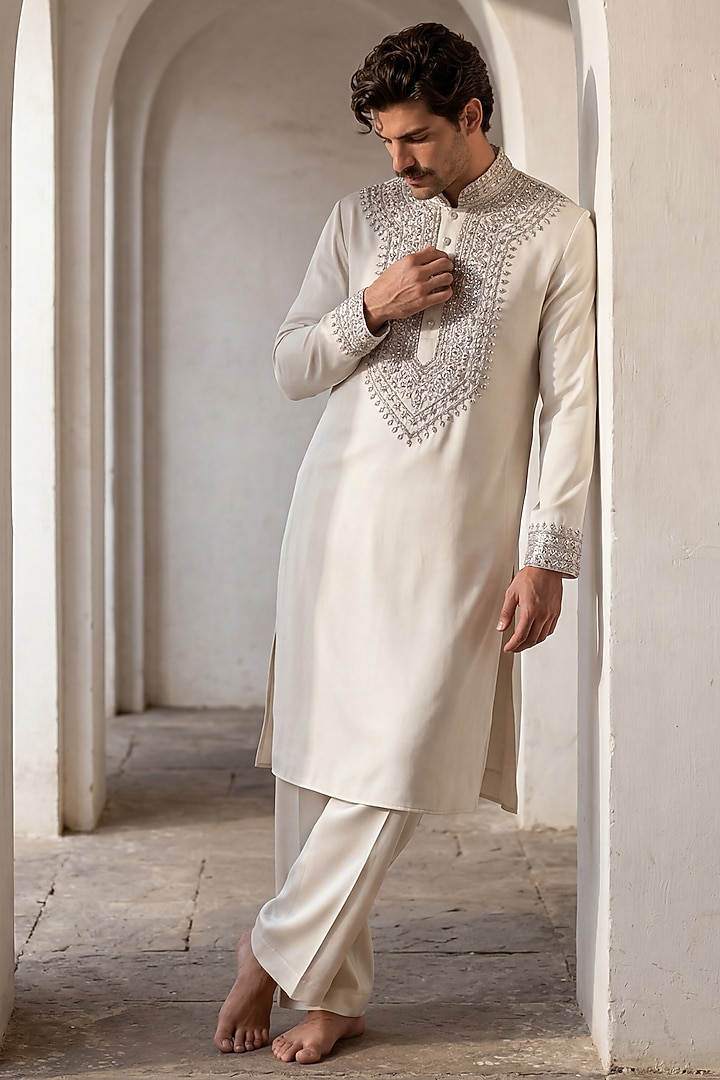 Cream Knit Embroidered Kurta Set by AMIT ARORA at Pernia's Pop Up Shop