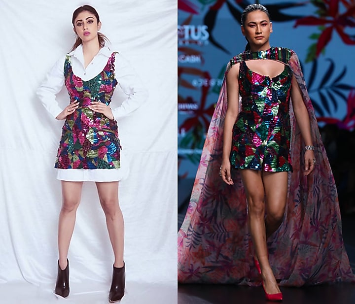 Multi Colored Embellished Cocktail Dress With Printed Cape by Mahima Mahajan at Pernia's Pop Up Shop