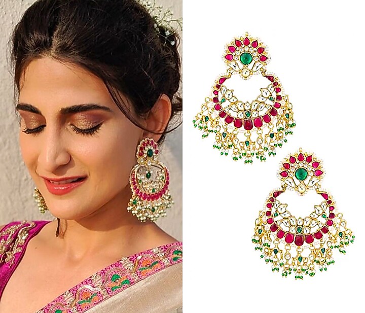 Auraa Trends presents Gold plated kundan and red stone chandbali earrings available only at Pernia's Pop Up Shop.