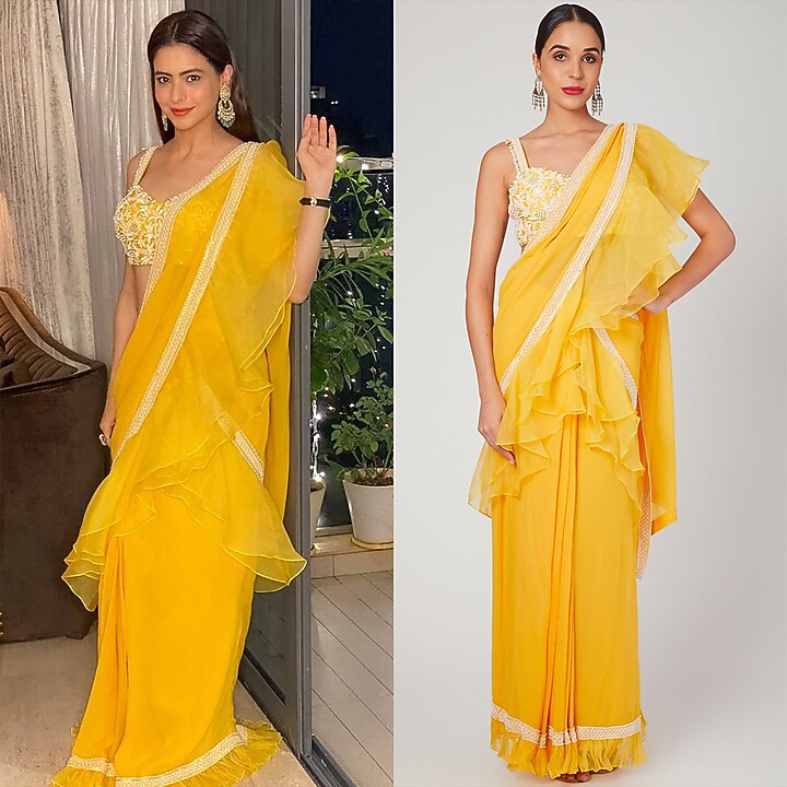 Yellow Embroidered Pre-Stitched Wedding Saree Set by Sanya Gulati at Pernia's Pop Up Shop