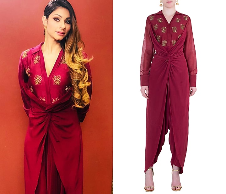 Raspberry embroidered dhoti jumpsuit by Natasha J at Pernia's Pop Up Shop