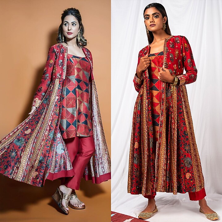 Cherry Red Printed & Embroidered Jacket Set by Drishti & Zahabia at Pernia's Pop Up Shop