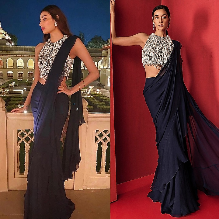 Navy Blue Embellished Draped Reception Saree by Ridhi Mehra at Pernia's Pop Up Shop
