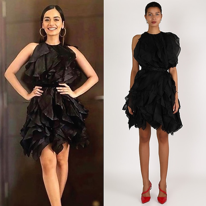 Black Ruffled Cocktail Dress With Belt by Shriya Som at Pernia's Pop Up Shop