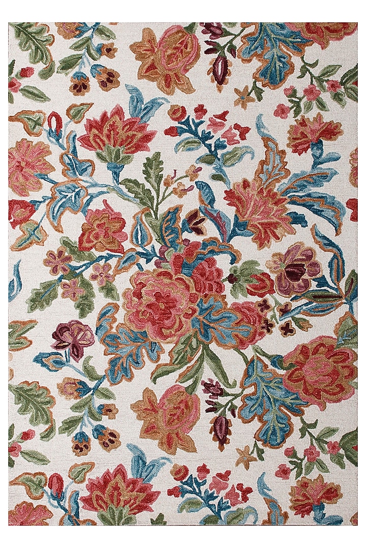 Ivory Hand-Tufted Rug With Multi-Colored Floral Motifs by The blue knot