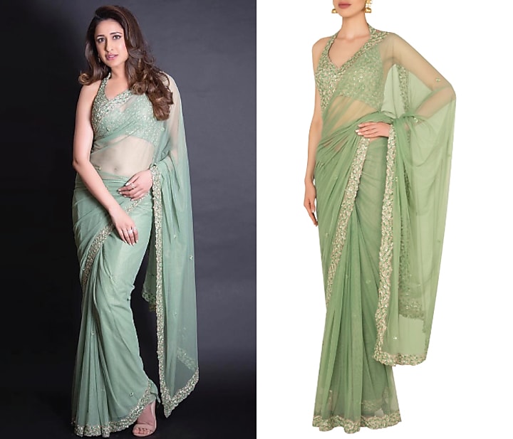 Seaglass green sequin sari set in raw slik and shimmer net available only at Pernia's Pop Up Shop.