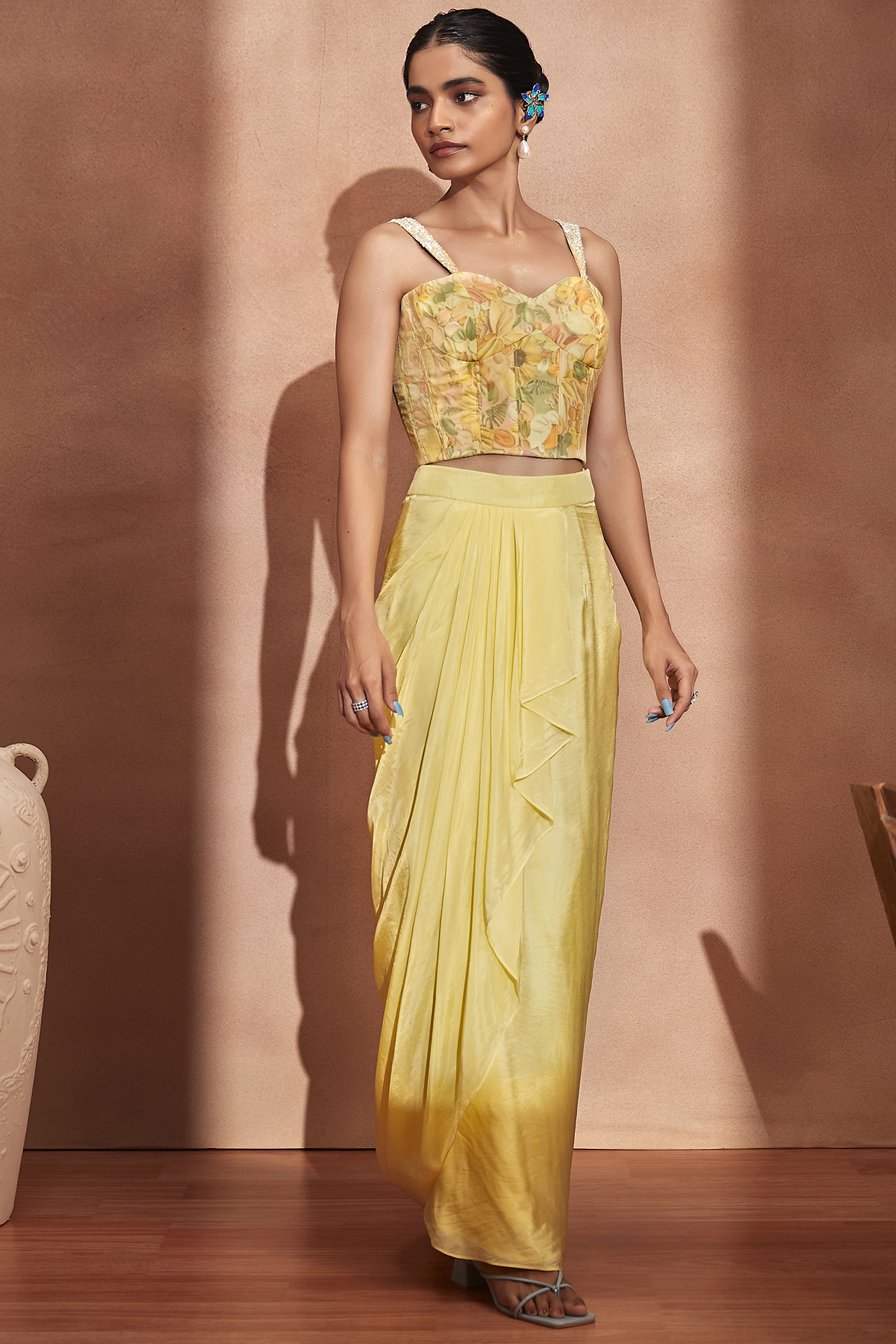 Yellow Organza & Dola Silk Draped Skirt Set by Label Sayaanika at Pernia's Pop Up Shop
