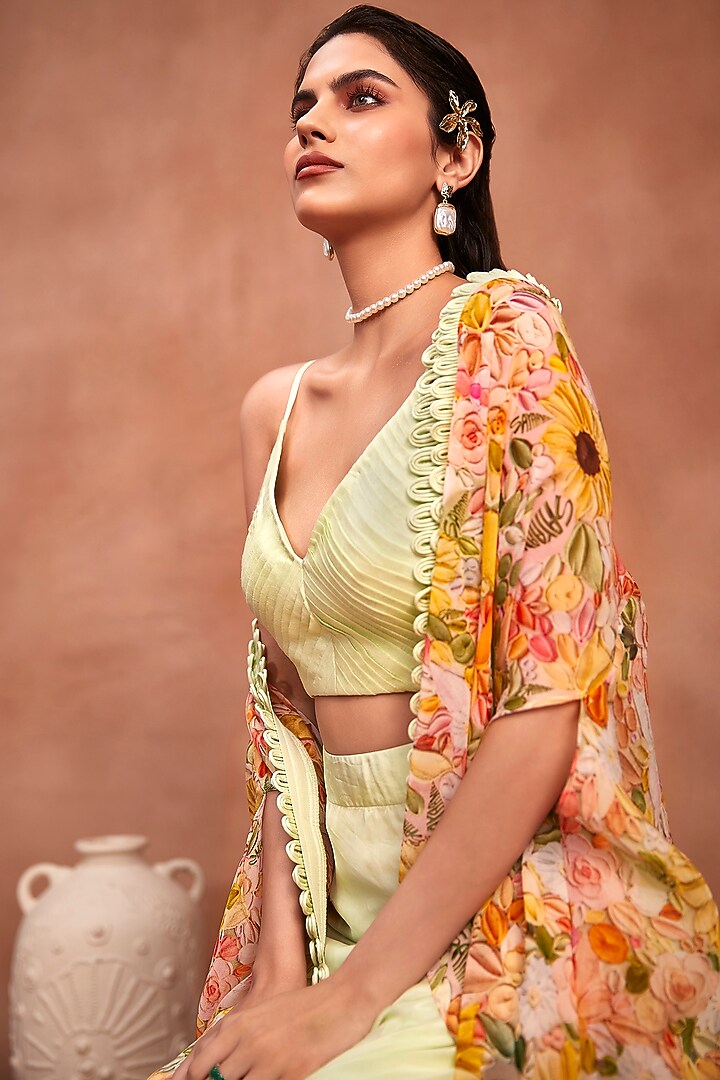 Green Dola Silk Draped Skirt Set by Label Sayaanika at Pernia's Pop Up Shop